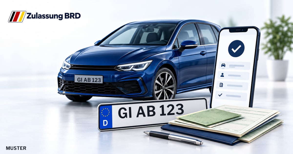 Online Fahrzeugzulassung in Grünberg: Musterkennzeichen GI AB 123, Auto und Fahrzeugpapiere und Smartphone. Illustration mit Logo von Zulassung BRD.